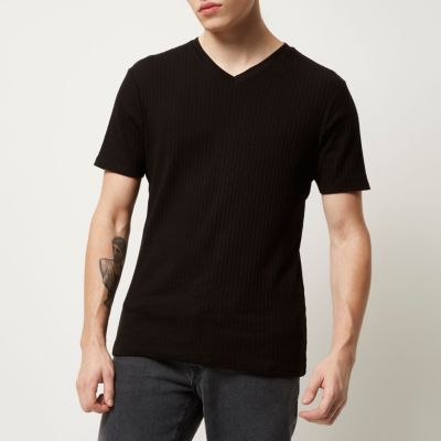 Black ribbed slim fit V-neck t-shirt
